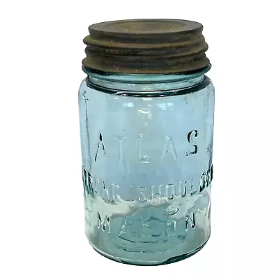 Vintage Blue Atlas Strong Shoulder Mason Pint Jar W/Atlas Zinc Cover W/Milk Glas • $10