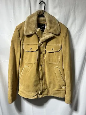 Vintage JCPenny Sherpa Suede Leather Jacket Mens Medium 40 Tan Western Rancher • $85