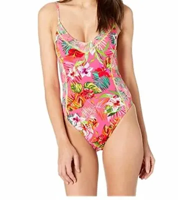 $98 Hobie Swimwear Women's Pink Floral Print V-Neck One Piece Swimsuit Size M • $15.98