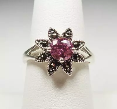 Sterling Silver Island Flower With Pink Stone And Marcasites Ring Size 7 8 9 • $32.99