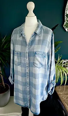 Mantaray Chambray Blue Check Blouse Shirt Tunic Size 16 Denim Look • £16