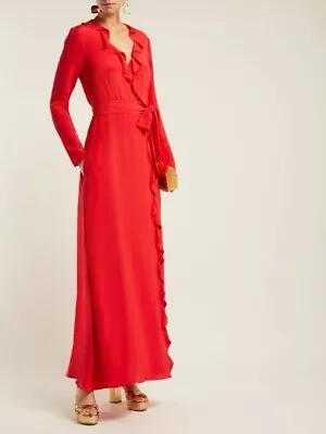 GOAT Hollywood Ruffle-Trimmed 100% Silk Red Maxi Dress Size UK 12 US 8 BNWOT NEW • £175
