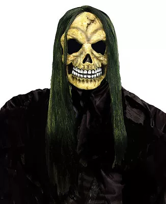 Halloween Mask Zombie Reaper Skull Wizard With Long Poison Green Hair Adult New  • £12.99