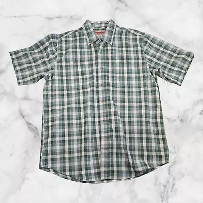 Wrangler Rugged Wear Mens Size Large White Green Plaid Button Up Short Sleeve • $16.99