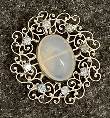 Vintage Van Dell Sterling Silver Brooch Pendant Filigree Moonstone Rhinestone • $24.95