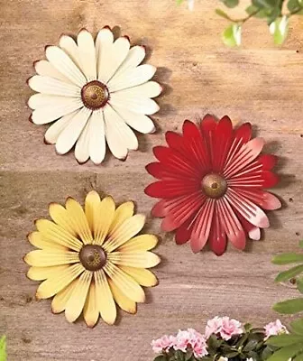 Set Of 3 Cream Red Yellow Metal Flower Wall Art Garden Spring Flowerpot Decor • $19.99