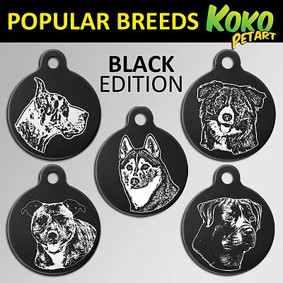 Limited Black Edition Dog Pet ID Tag Large 31mm Round Custom Engraved &Free Ring • $13.49