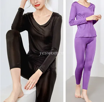 $31.90 • Buy Women V Neck Silk Long Underwear Pajama Set Long Johns Thermal Underwear Sets 