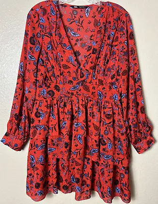 Zara Dress Size L  Midi Bohemian Red Tiered Floral Long Sleeve Side Zip Lined • $39