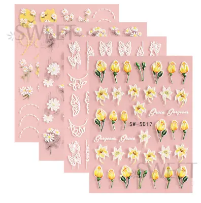 5D Embossed Daisy Tulip Butterfly Camellia Flower Sunflower Nail Art Stickers • $2.95