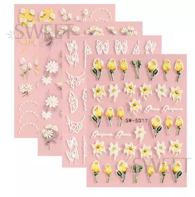 5D Embossed White Daisy Tulip Butterfly Camellia Flower Nail Art Stickers DIY • $2.95