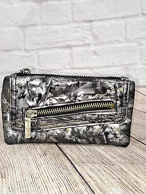 Junior Drake Metallic Marble Black Silver Leather Zipper Flap Mini Clutch Wallet • $25.50