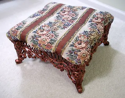 Vintage Victorian Floral Footstool Footrest Ornate Cast Iron Base 14''x14''x 8'' • $72.99