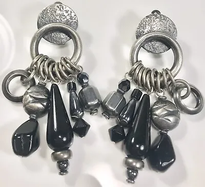 Marjorie Baer Sf Vintage Hammered Metal Black Beaded Dangle Earrings (c792a) • $49.99