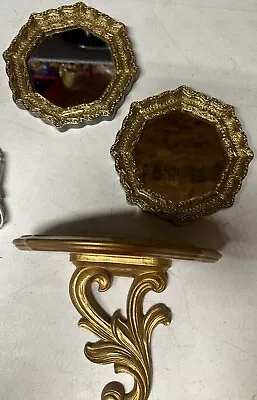 VTG Wood Ornate Gold Tone Wall Shelf & 2 Octagan Mirrors Hollywood Regency MCM • $29.99