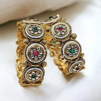Indian Gold Plated Kundan Stone Bollywood Bribal Bangles Wedding Jewelry 1pair • $26.39