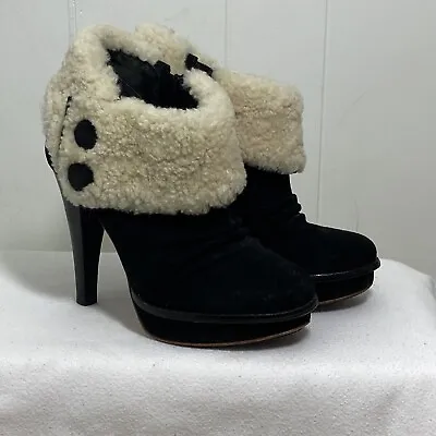 UGG Georgette Boots Womens 6 Black Suede Leather Shearling Ankle Booties 1001715 • $74.97