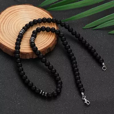 Natural Frosted Stone Beaded Necklace Men Simple Handmade Hematite Jewelry 18‘’ • $2.21