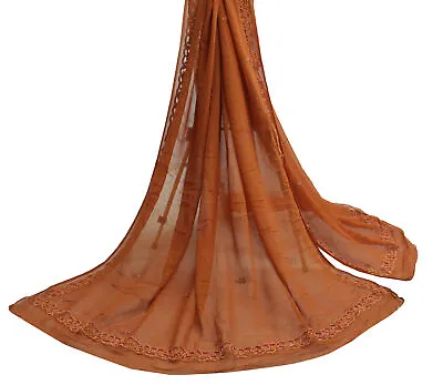 Sushila Vintage Brown Dupatta Pure Chiffon Silk Hand Beaded Zardozi Long Stole • $34.49