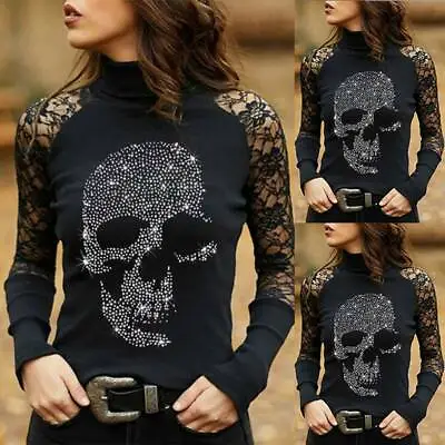 £11.99 • Buy Womens Gothic Punk Tops Skull Print Ladies Sexy Lace Long Sleeve T-shirt Blouse