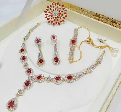 £28.90 • Buy Indian Ethnic AD Ruby Ring Bracelet Necklace Red Stone Gold Plated Choker Gift