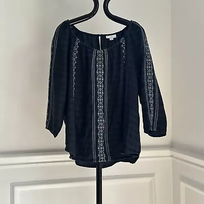 J.Jill Navy Embroidered Blue Peasant Long Sleeve Blouse Women’s Size Large • $25