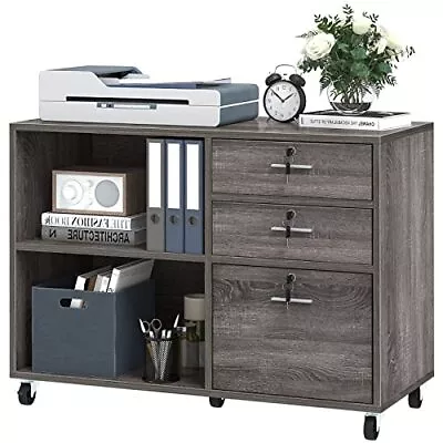  Wood File Cabinet 3 Drawer Mobile Lateral Filing Cabinet Storage Grey • $148.09