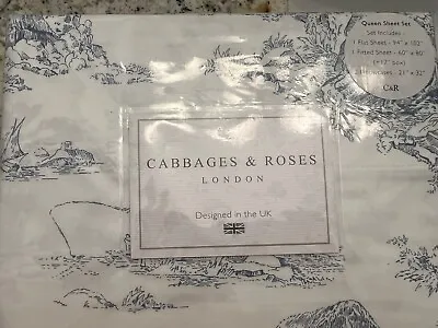 Cabbages And Roses Queen Sheet Set Doris Floral Cotton Percale New Grey • $69