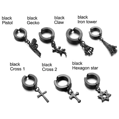 Men Women Stainless Steel Cross Dangle Hoop Clip On Earrings Huggie Non-Piercing • £3.05