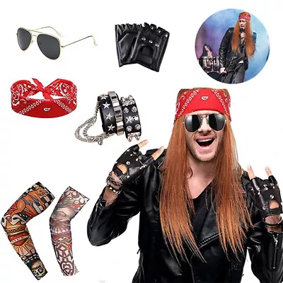 Men 80's Party Metal Rocker Rockstar Rock N Roll Cosplay Costume Accessories Set • £11.87