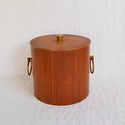 Vintage Mid Century Retro Teak Wood Wooden Lidded Ice Bucket Brass Handles • £16