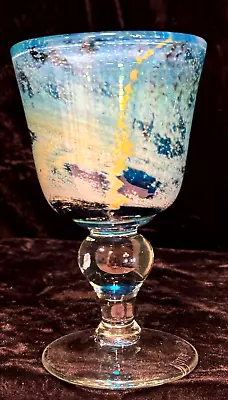 Mdina Malta Glass 6 1/2  Goblet Blue Summer 1978 Design Signed #3 • $175.99