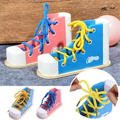 Wood Lacing Sneaker Learn To Tie Shoes Threading Montessori Educational Kids Toy • £11.11
