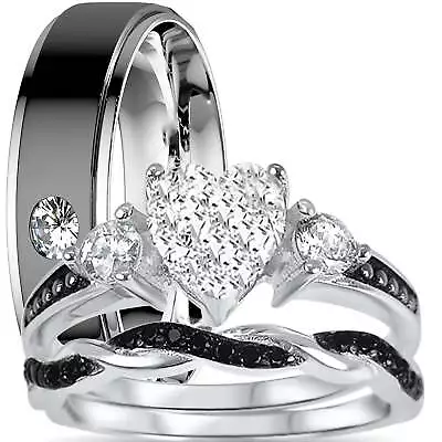 His Hers Silver Steel Black Wedding Rings Set • $59.99