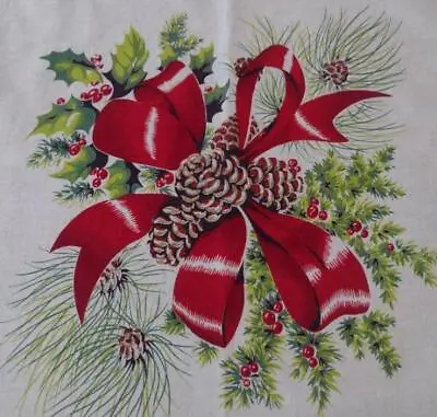Vintage Printed Cotton Tablecloth Fabric Christmas Bow Berries Pine Cones Large • $59.99