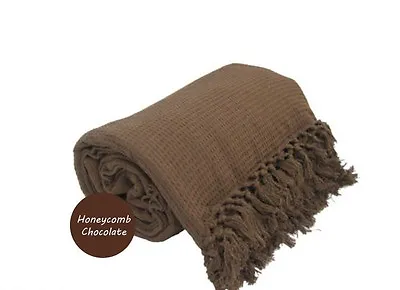 Brown Honeycomb WAFFLE 100% Cotton SOFA / SETTEE / BED Throw + Tasselled Edging • £13.99
