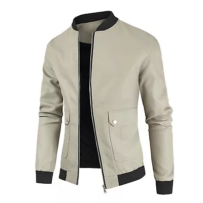 Men's Fall Spring Solid Leisure Motorcycle Leather Stand-up Collar Zipper Jacket • $55.27