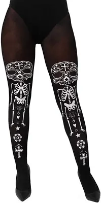 Black White Day Of The Dead Skeleton Tights Halloween Fancy Dress Accessory • £4.99