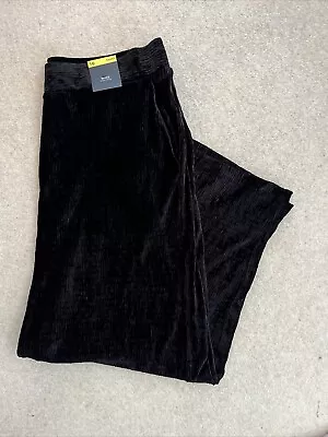 M&S WOMENS BLACK VELVET HIGH WAISTED WIDE LEG ELASTICED TROUSERS Size 16 Short • £22.99