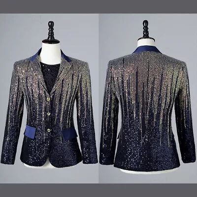 Men's Sequin Tuxedo Jacket Suit Blazer Party Prom Coat Top Showman Costume Shiny • $69.59