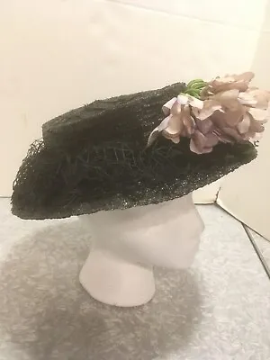 Vtg Gage Bros Black Pork Pie Castra Hat 23 Netting Flowers Orig Paper Label • $20