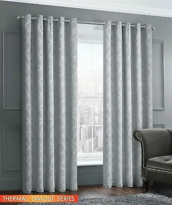 Thermal Woven Dimout Damask Curtain Pair Readymade Eyelet / Ring Top Silver Grey • £3.80