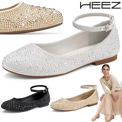 HEEZ Women Ballet Flats W/ Ankle Strap Sparkling Rhinestones Slip On Dress Shoes • $32.89