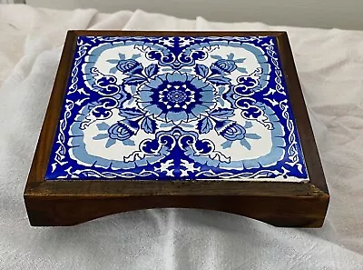 Vintage Blue & White Ceramic Tile Footed Wood Trivet Frame 5 3/8” • $9.99