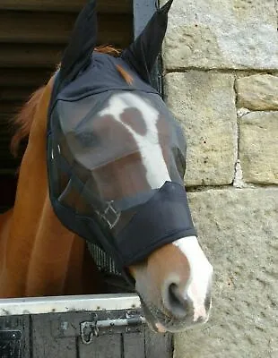  **SALE** Black Or White Padded Mesh Fly Mask Hood With Ears Horse And Pony Size • £7.99