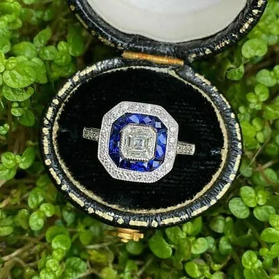 Art Deco Style Lab-Created Diamond & Sapphire Engagement Wedding 925 Silver Ring • $67.90