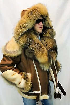 REAL 100% SHEEPSKIN SHEARLING LEATHER REAL RACCOON BOMBER B3 Coat Jacket S-8XL • $675