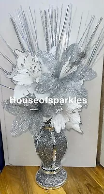 £26.99 • Buy Crushed Diamond Silver Crystal White And Silver Vase With Flowers, Sparkly Gift✨