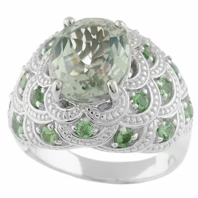 Solitaire With Accents Ring 10K White Gold Plated Green Quartz & Tsavorite • $275.47