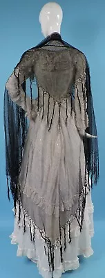 Mid 19th C Black Fishnet Mourning Shawl W Fringe For Dress • $135